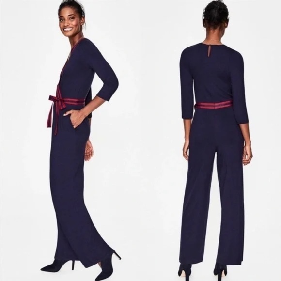 Boden Isla jumpsuit blue and red 3/4 sleeve V-neck jersey‎ wide leg knit wrap 4P - Picture 1 of 17